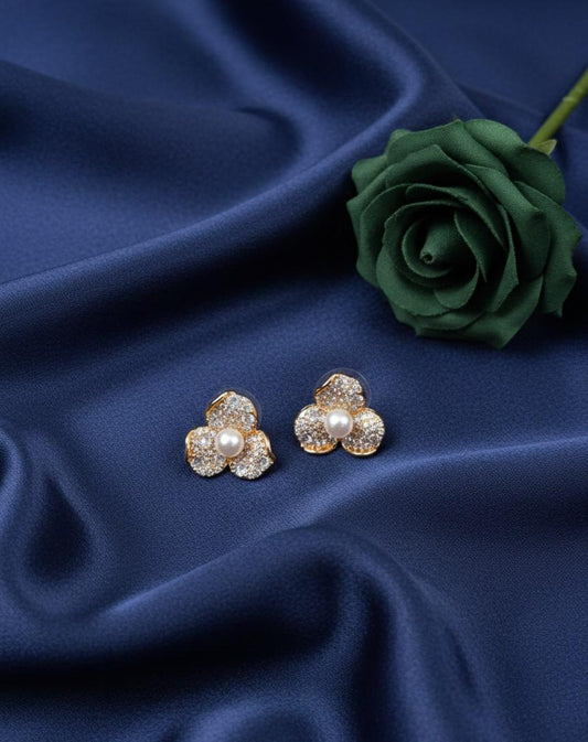 Floral Pearl Stud Earrings Gold & Crystal Petals