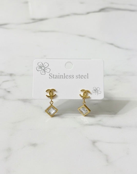 Gold Stainless Steel Chanel Inspired Gemstone Earrings