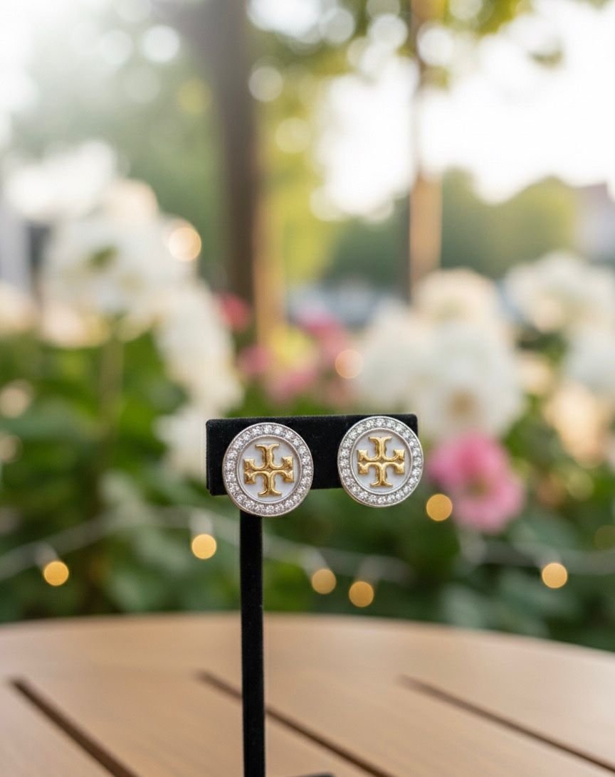 Regal Emblem Stud Earrings Gold & Crystal Halo