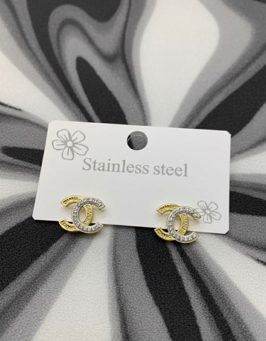 Luxe Double C Stud Earrings Gold & Crystal Finish