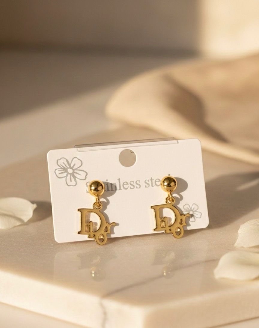 Gold Stainless Steel “Dior” Charm Earrings