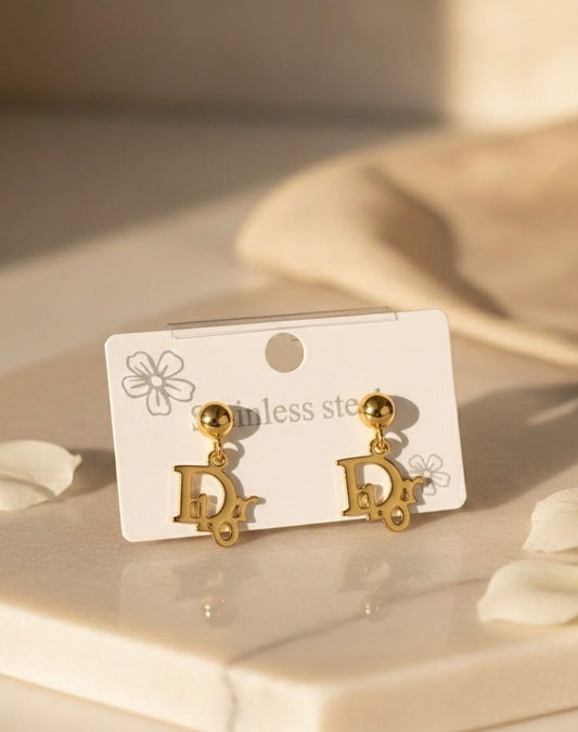 Gold Stainless Steel “Dior” Charm Earrings
