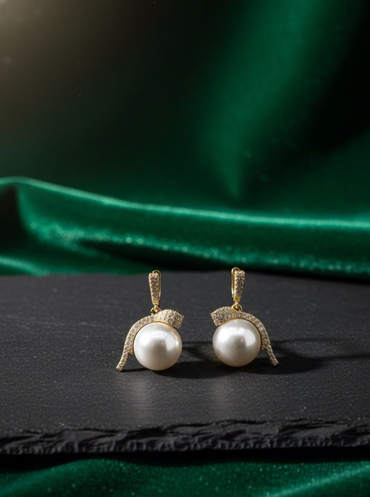 Elegant Pearl Drop Earrings Gold & Crystal Accent